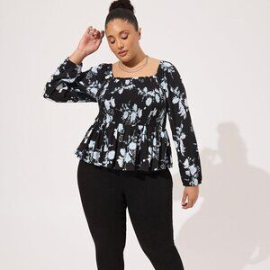 Torrid - Rayon Slub Smocked Bodice Long Sleeve Crop Blouse in Penny Toss Floral 